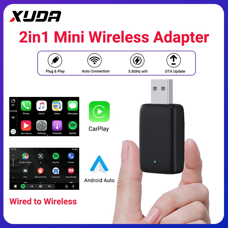 Nuevo Adaptador Mini 2 en 1 de CarPlay y Android Auto con Cable a Inalámbrico 2026, WiFi5 de 5GHz para el 99% de los Coches con CarPlay/Auto con Cable Original