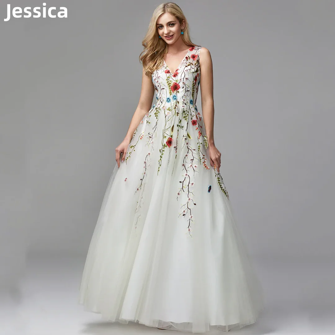 Jessica EmbroideryFlowers Prom Dresses Tulle Bridal Wedding Dress Evening Dresses WhiteParty Dresses Vestidos De NocheCustomized