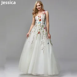 Jessica EmbroideryFlowers Prom Dresses Tulle Bridal Wedding Dress Evening Dresses WhiteParty Dresses Vestidos De NocheCustomized