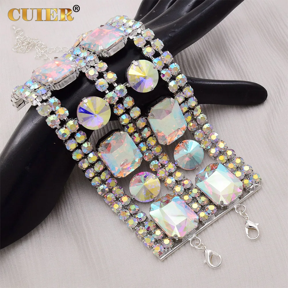 CUIER 7.5cm Width Luxury Big Glass Gemstones Women Bracelet Jewelry Drag Queen Bangle Huge Size Stage Accessories