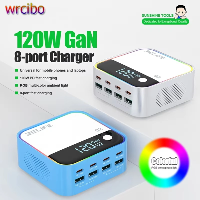 RELIFE Q2 120W GaN Charger 8-port Fast Charging ,100W PD Fast Charging, Intelligent Charging Protection For iPhone Samsung Phone