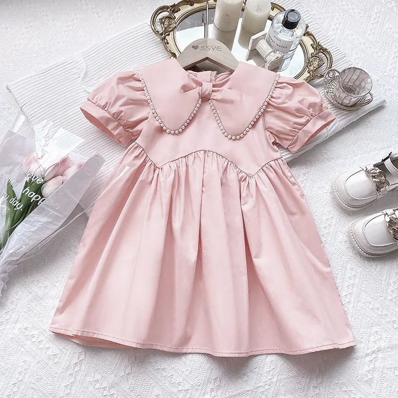 Little girl\'s cotton dress with bubble sleeves flip collar casual dress 2024 solid color 1-7T children\'s summer clothing