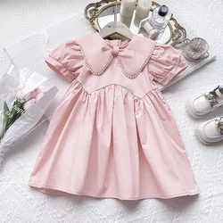 Little girl's cotton dress with bubble sleeves flip collar casual dress 2024 solid color 1-7T children's summer clothing