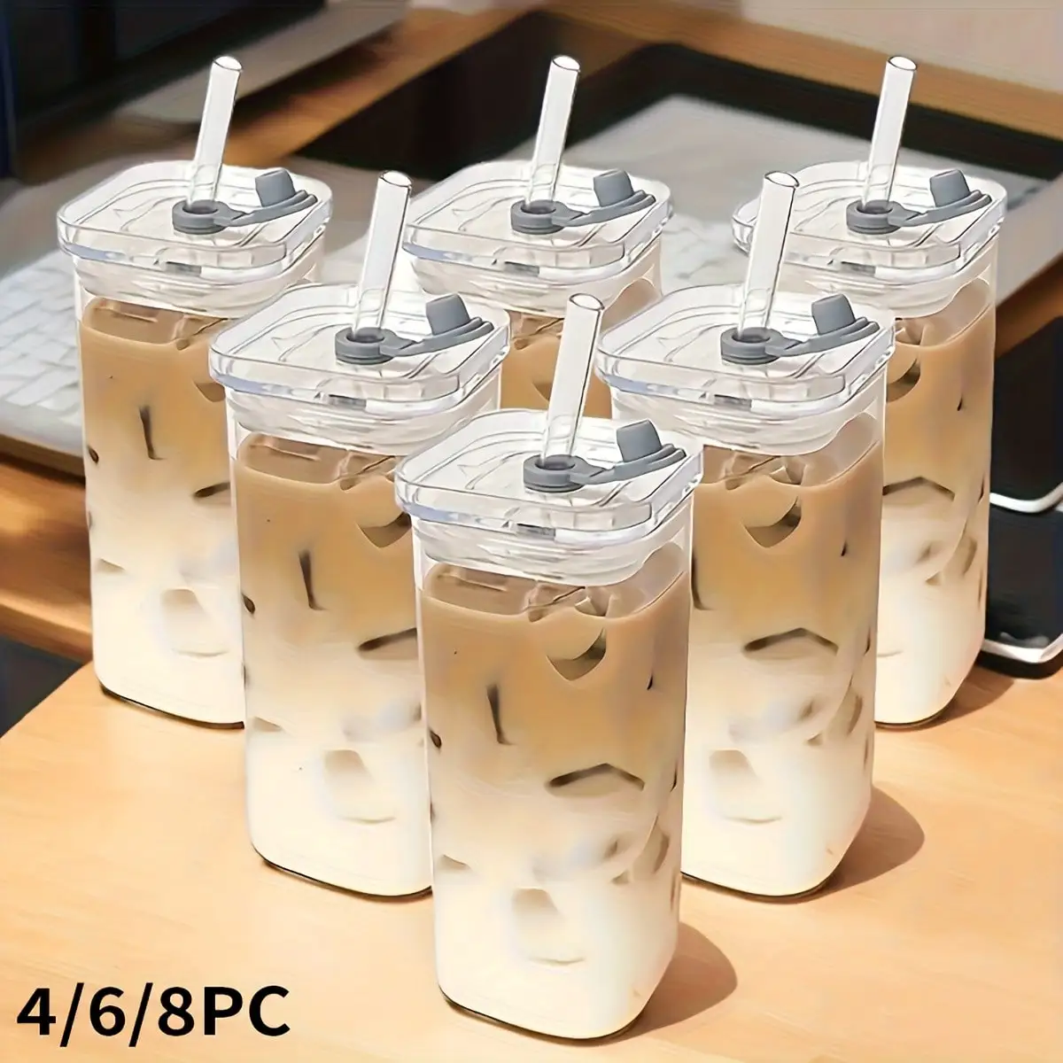 6 Pack Square Glass Cups With Lids And Straws 13 OZ Reusable Iced Coffee Glasses Modern Clear Tumblers With Cleaning Brush For Home Office School Outdoor Travel Smoothies Boba Tea Birthday Gift