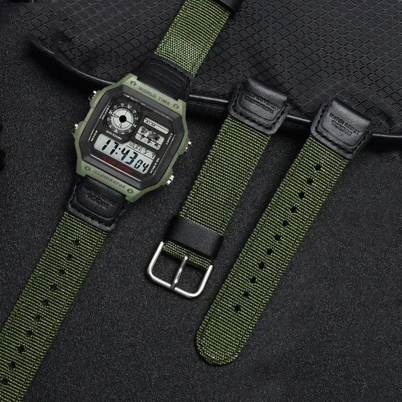 18mm Nylon-Uhrenarmband für Casio W800H Schwarz-Grünes Armband SGW400 F91W F84 F105/108/A158/168 AE1200/1300 Herrenbänder – Detail 2