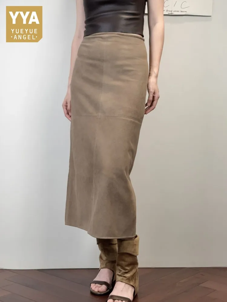 Office Ladies Elegant Long Skirt Genuine Leather Vintage Slim Fit Straight Skirts Women Zipper High Waist Suede Sheepskin Skirts