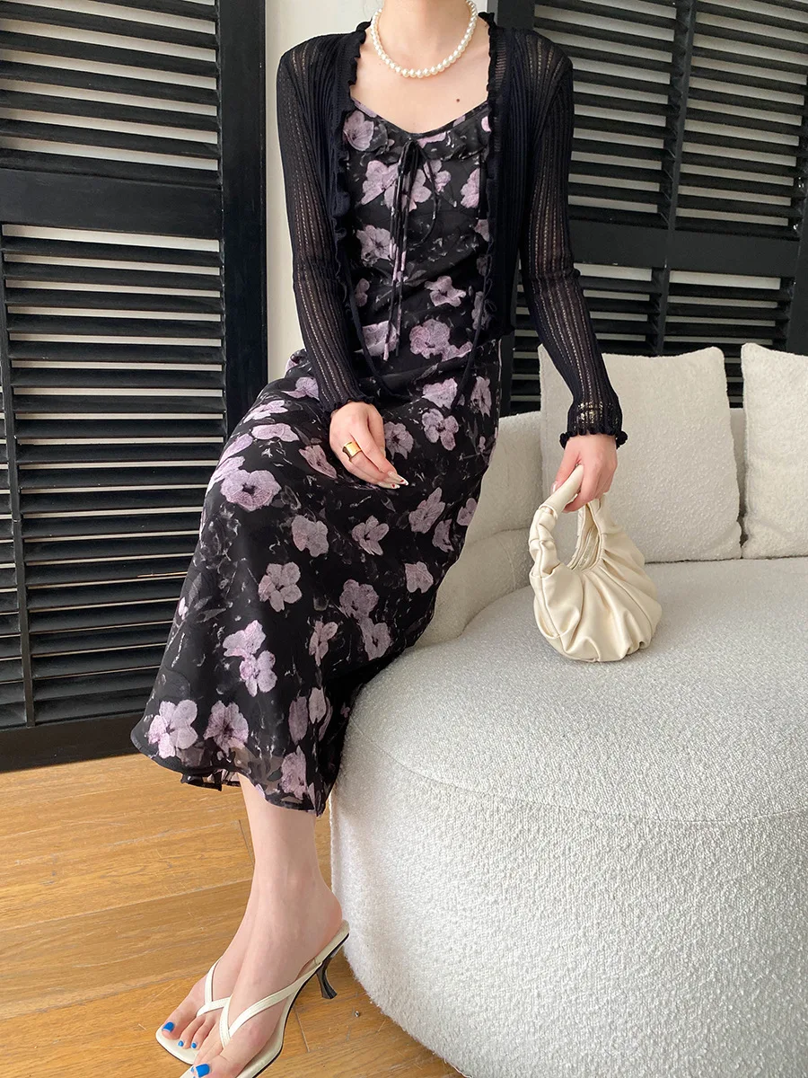 Frühlings- und Sommer-Set für Damen: Rüschenkleid mit Schnürung und Blumenmuster sowie Strickjacke – Detail 34