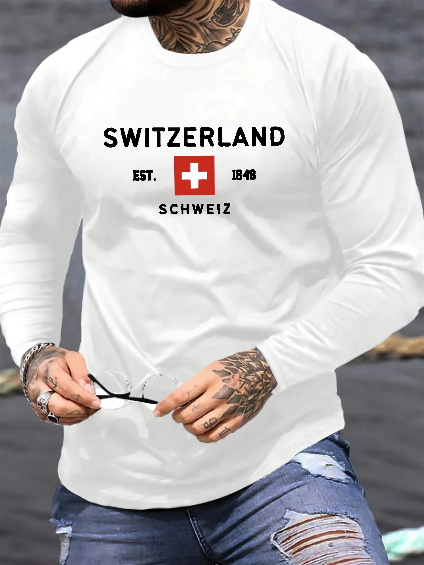 100% Pure Cotton Men's Long Sleeved Round Neck Loose Switzerland Pattern Printed Spring and Autumn Casual Versatile T-Shirt Top gallery 2