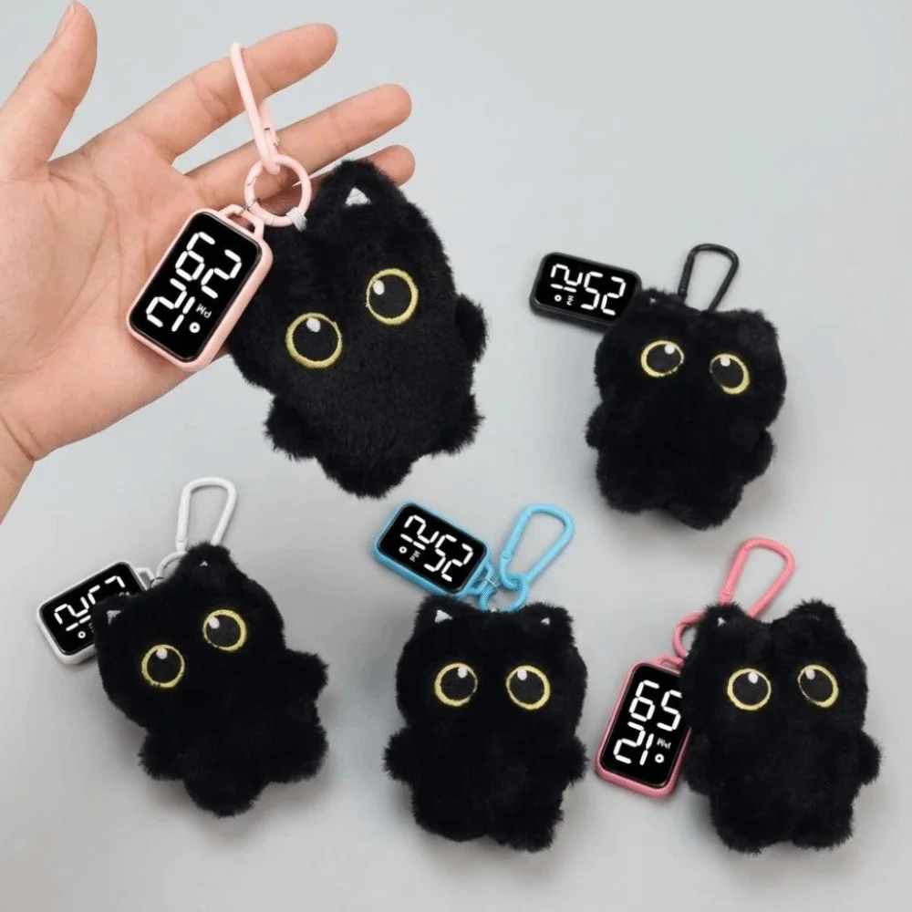 

Black Cat Pendant Electronic Hanging Watch LED Digital Display Keychain Pocket Watch Carabiner Waterproof Luminous Watches