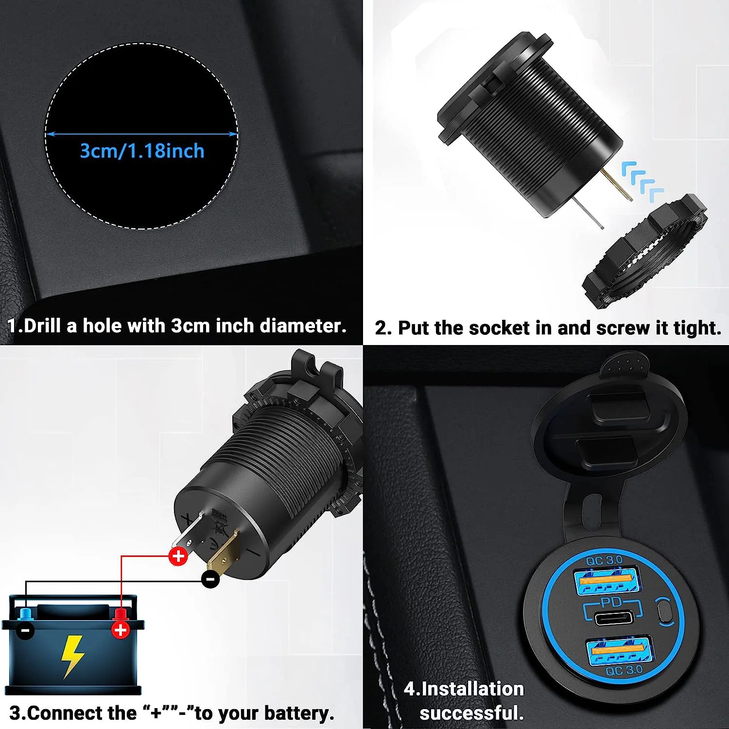 12V Dual QC3.0 USB Port and 30W PD USB C Car Charger Socket with Power Switch for Boat Marine Truck Golf RV