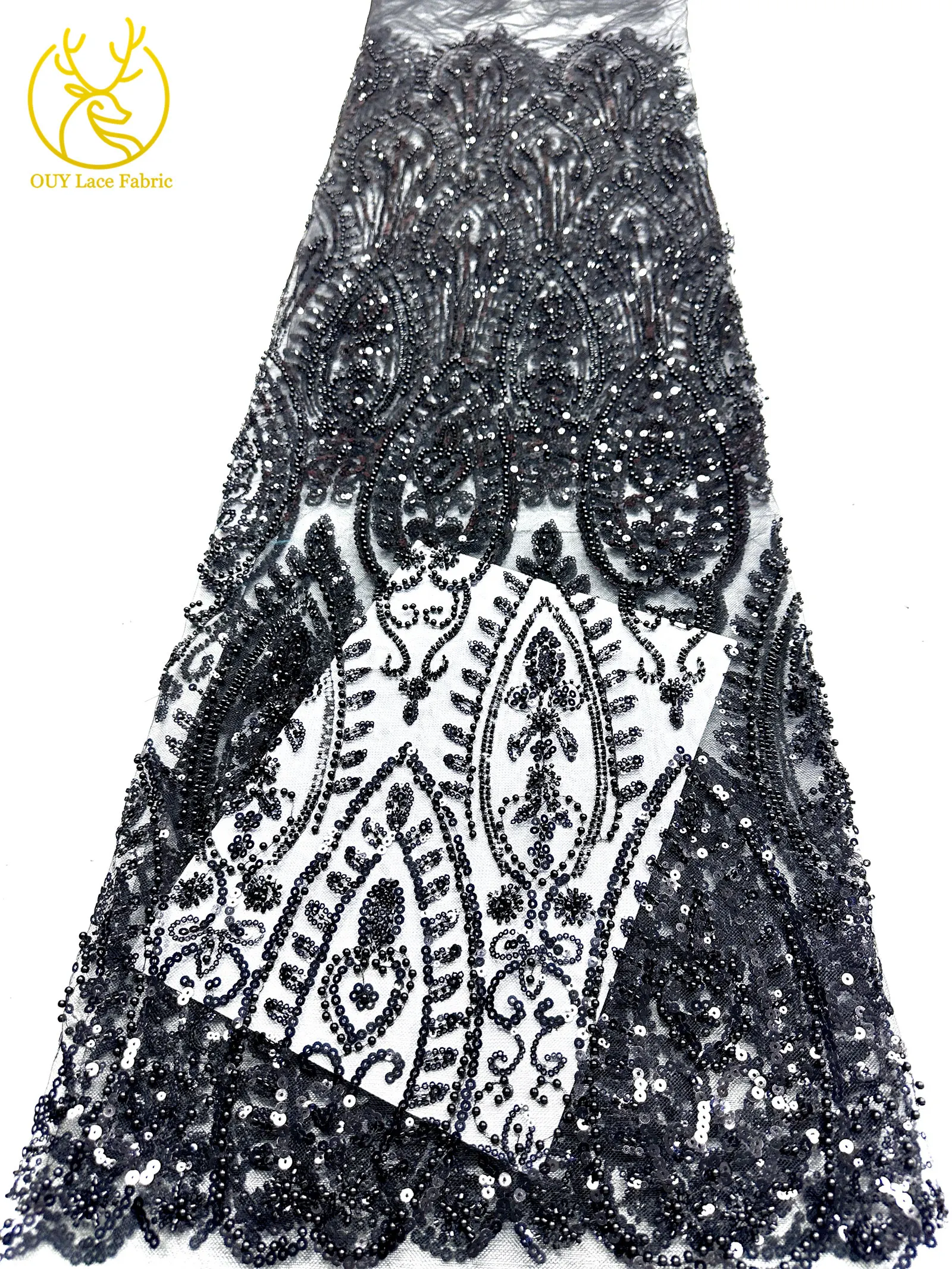 Afrikanischer Perlenstickerei-Spitzenstoff 2026 Neuestes Design Frankreich Nigeria Pailletten Tüll-Spitzenstoff für Damen Hochzeits- und Abendkleider – Detail 30
