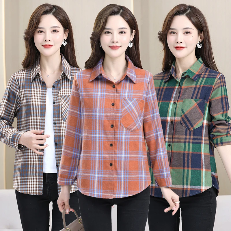 

Mother's Spring Autumn Plaid Long Sleeve Button Cotton Shirt Fashion Women's Slim POLO Neck Shirts Female Casual Blouses Tops