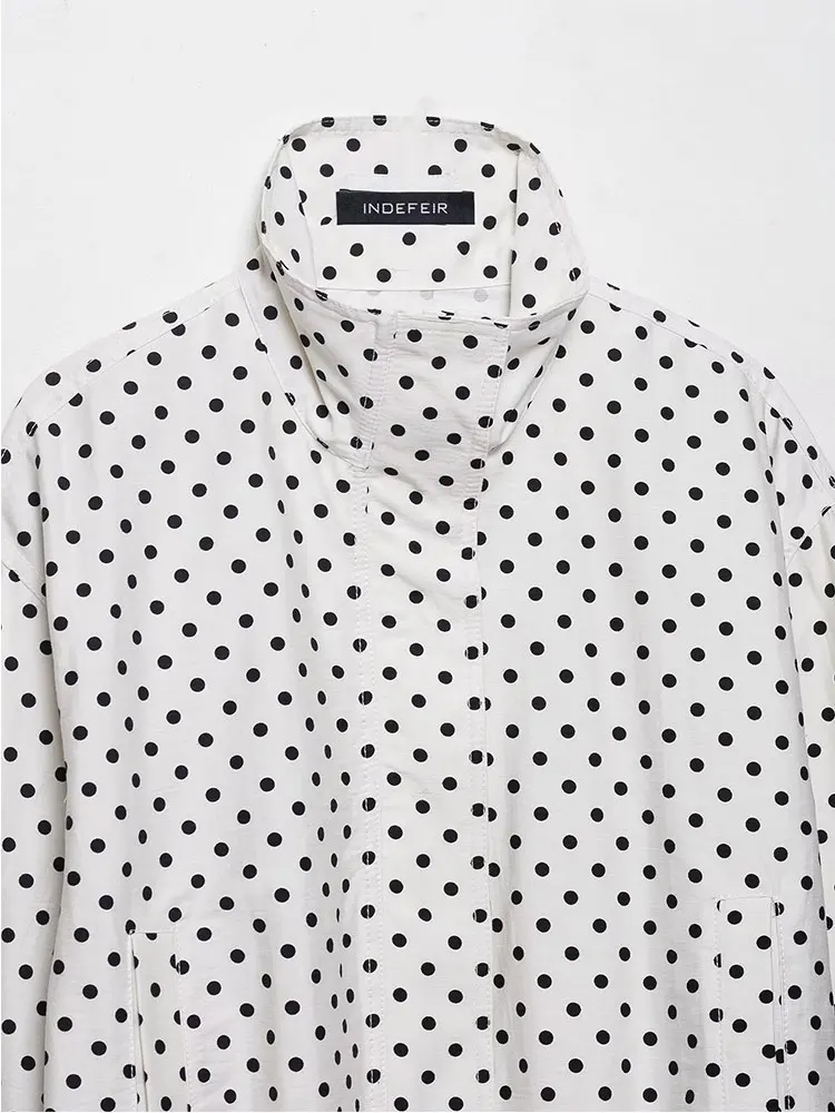 NLZGMSJ レディース水玉ショートジャケットレディーススタンドカラージッパートップショートセット女性カジュアルルーズコート