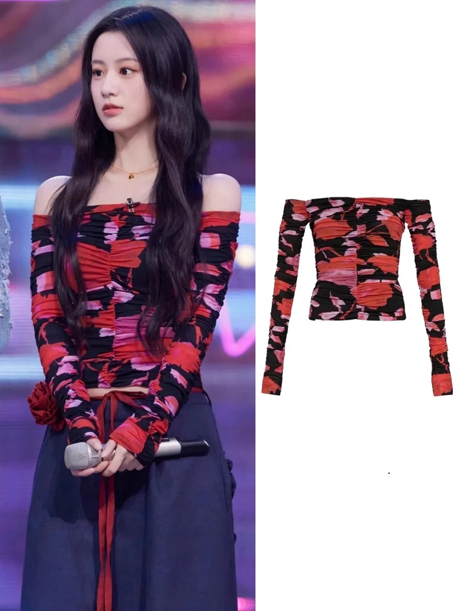 

EXJR Shoulder Bared Long Sleeve Printed T-shirt Women's Fashion Early Autumn New Style One Shoulder Neckline Top