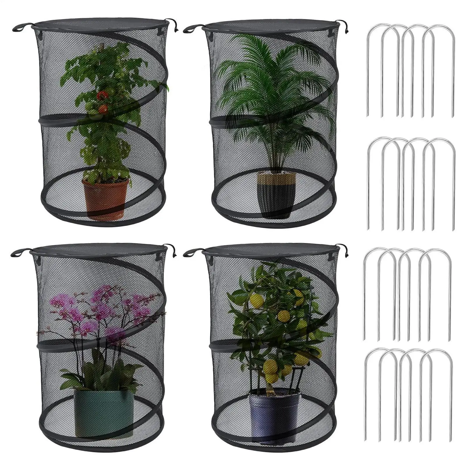Mesh Plant Enclosure Pop Out Mesh Plant Cover 4 Pieces Foldable Tent With 16 Stakes Fly-Proof Animals Barrier For Garden