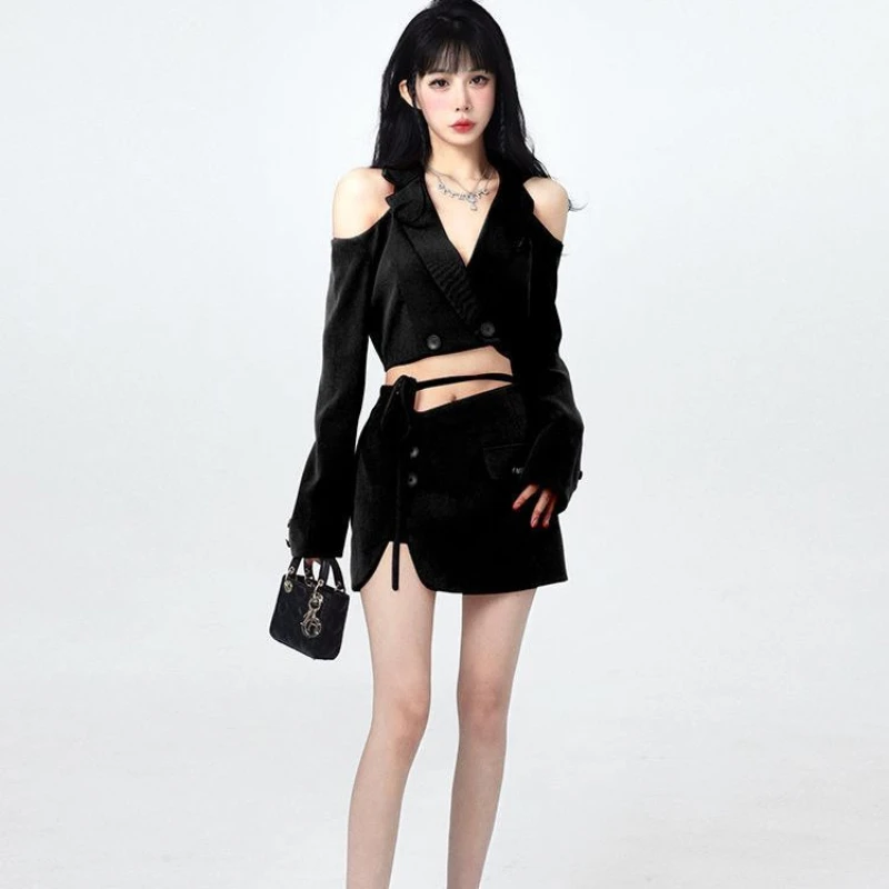 Off Shoulder Drawstring Skirts Sets Turn Down Collar Blazer Crop Tops Mini Sexy Female Slim Short Skirt 2022 Fashion Woman Set