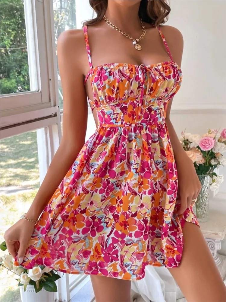 

Summer Dresses For Woman New Vacation Color Colorful Sleeveless Dress Floral Print Slim Vestidos Sexy Backless Leace-up Trendy