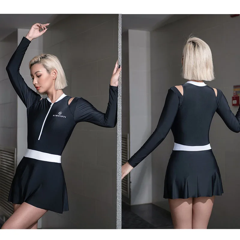 Womens Rash Guards Long Sleeve Athletic One Piece Swimsuit with Skirt Boyshorts Zipper Surfing Swim Dress Bathing Suit Rashguard image 4