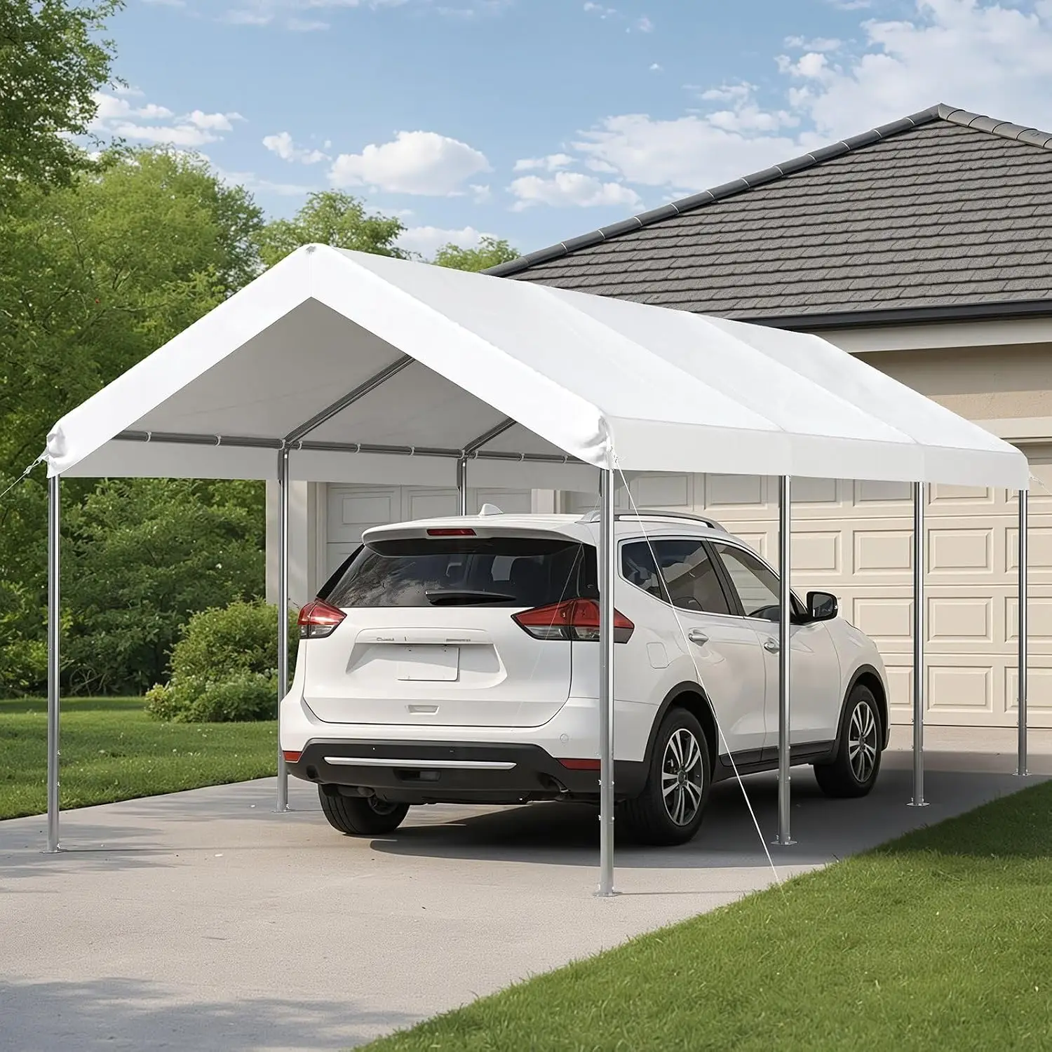 Heavy Duty Carport Canopy, Adjustable Height Portable Garage Car Tent Storage Shelter For Boat Vehicle Parking, Reinforced Steel Frame Weather Resistant Outdoor Organizer Holder, Classic White, Set Of 1