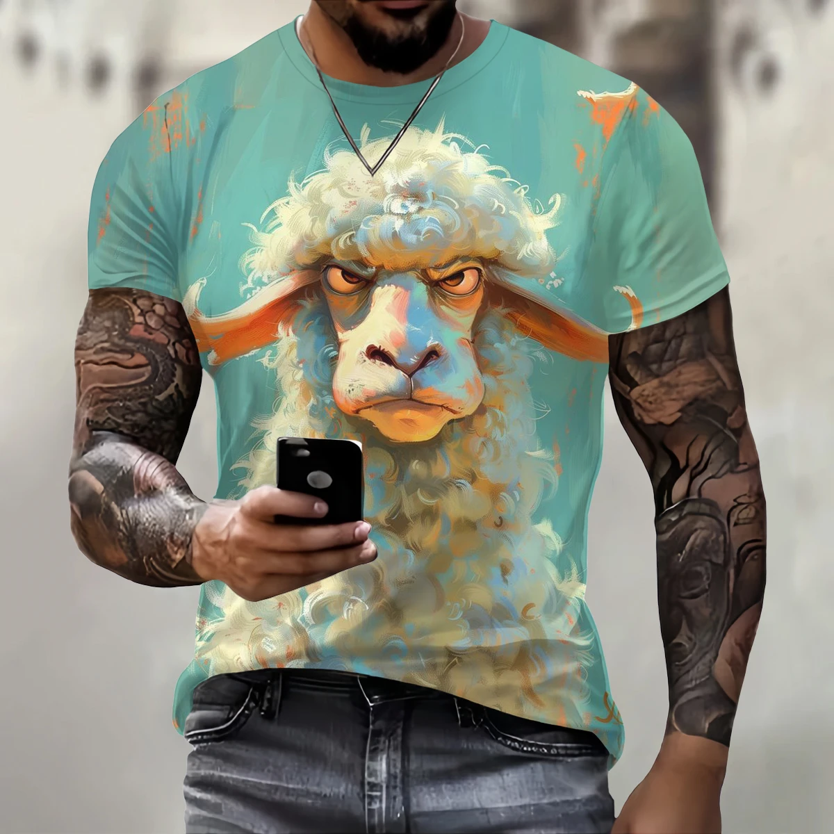 Ropa de Hip Hop de tendencia, camiseta divertida con estampado de ovejas en 3D para hombres, camiseta informal de calle de manga corta con cuello