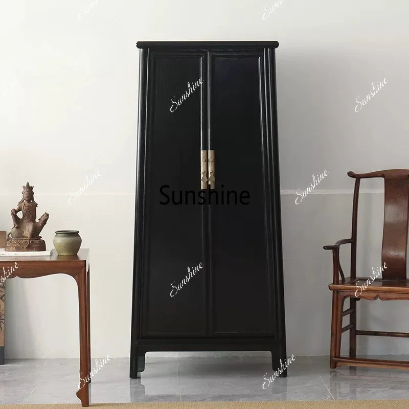 Chinese retro bedroom full solid wood wardrobe Ming-style rounded corners black paint decorative furniture