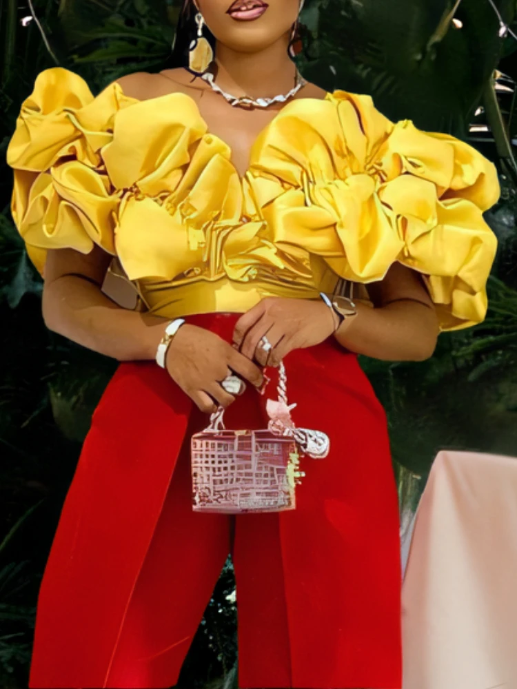 Women Yellow Off Shoulder Blouse Tops Shirt Short Sleeves Ruffles Elegant Stylish African Party Date Out Occasion Fashion Event