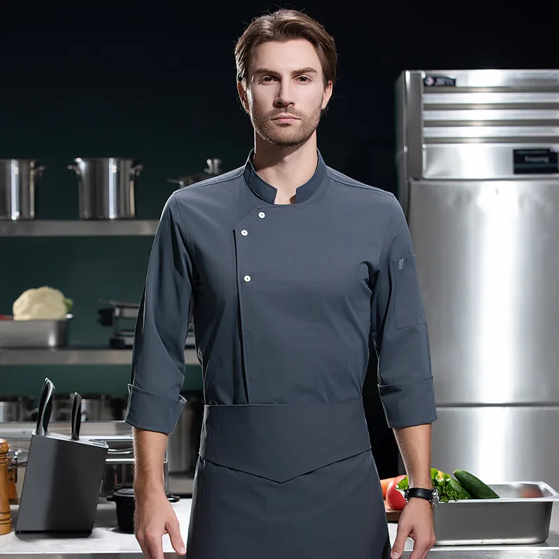 

Elastic herringbone cotton silver three-button chef workwear for autumn and winter, long-sleeved work clothes for western restau
