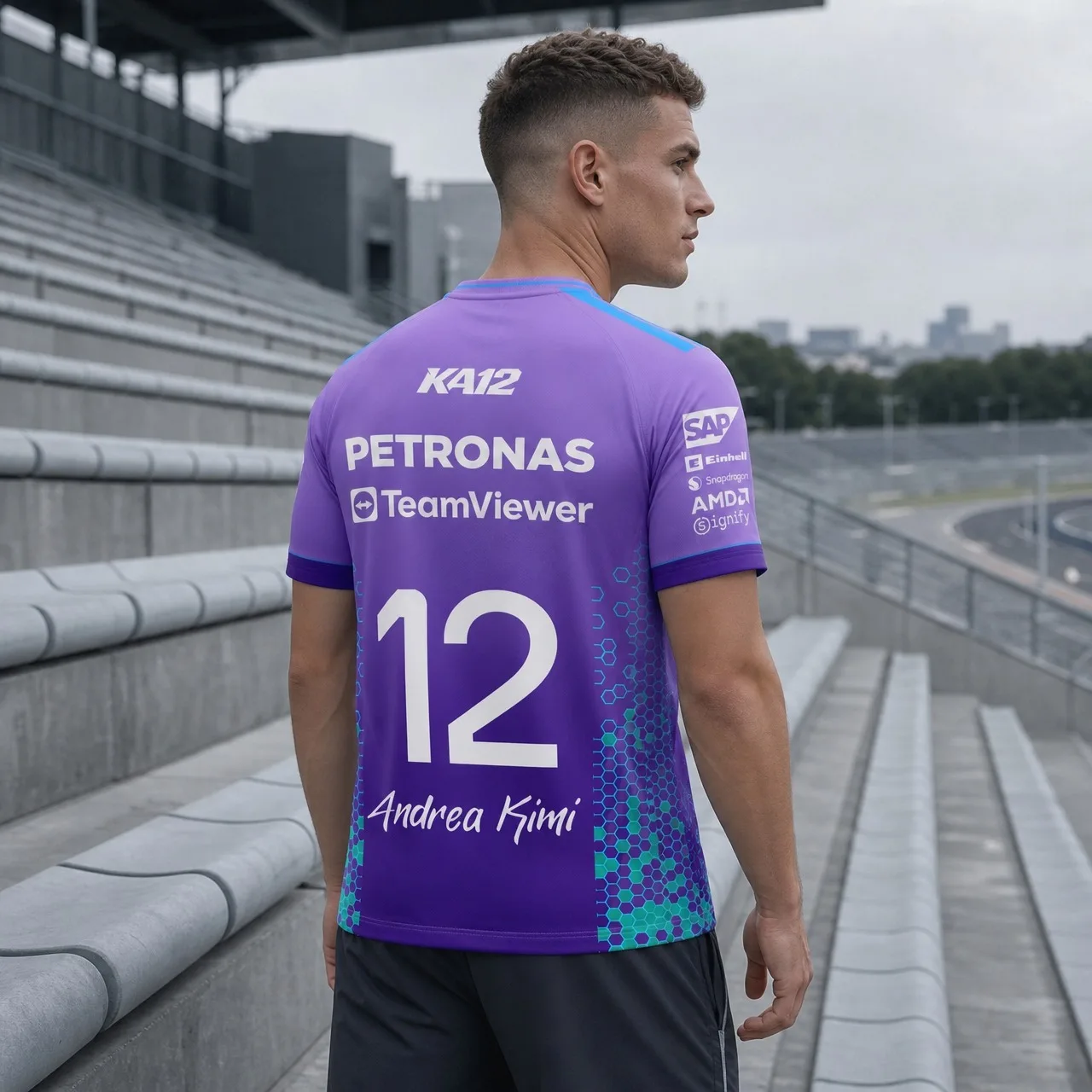 Men's Purple Formula 1 Racing No. 12 Double-Sided Print Crewneck Short Sleeve Racing Fan T-Shirt