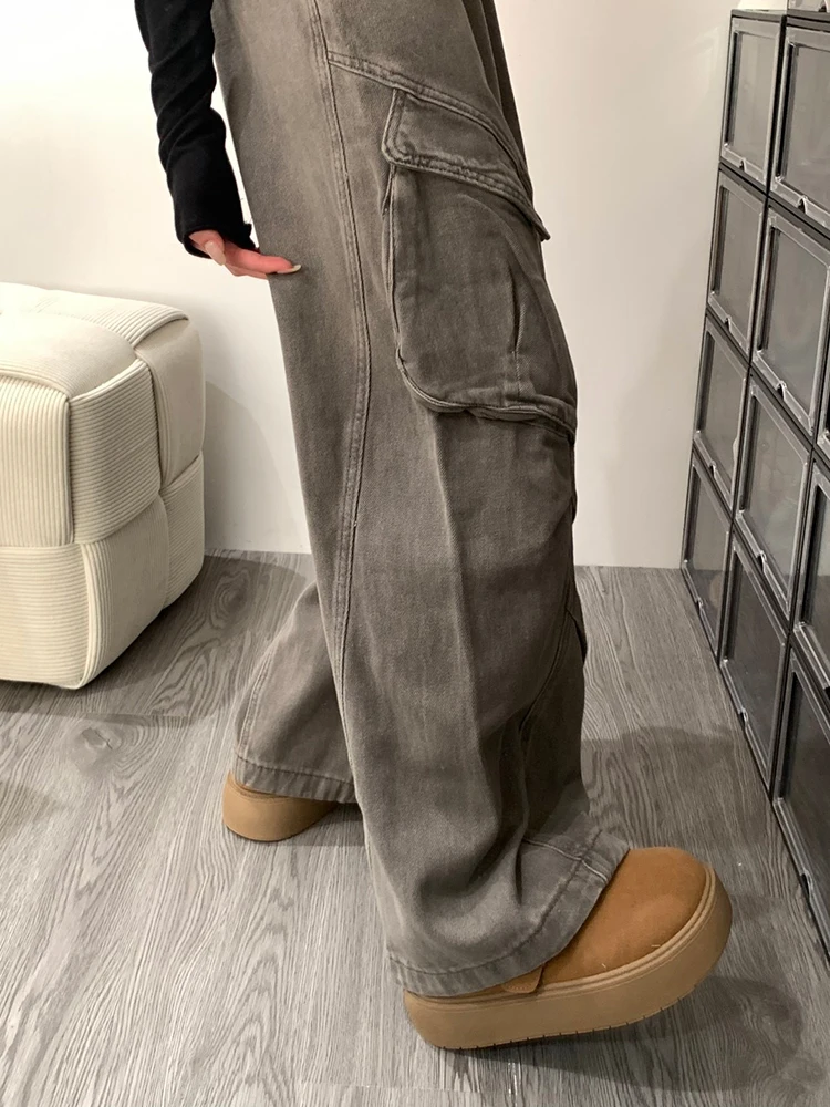 Amerikanische Retro-Multi-Komponenten-Arbeitskleidung Denim-Hose mit Hoher Taille, Geradem Bein, Bodenlang, Lose Weite Hose für Damen