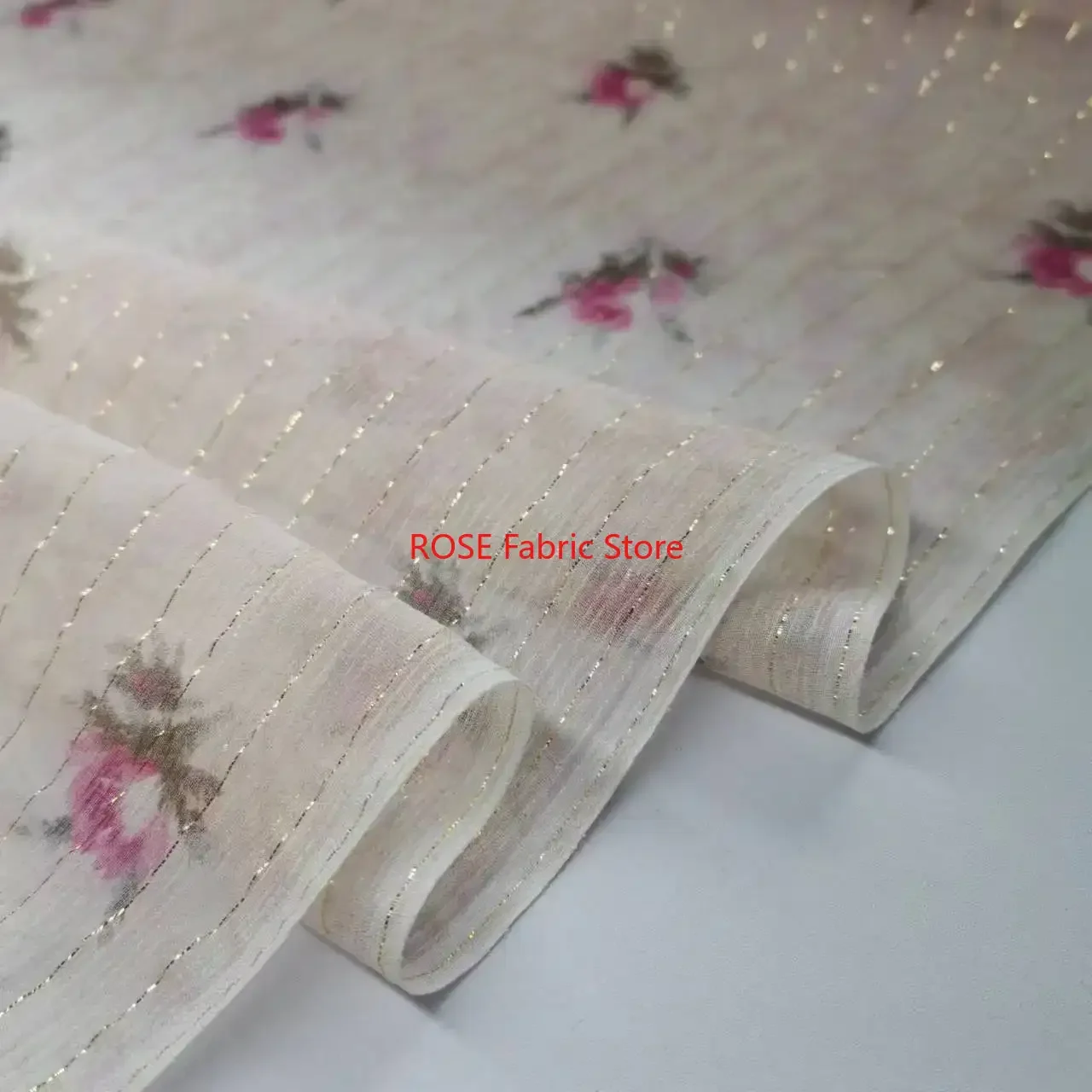 Pink blue flwoer print Gold thread embroidered silk chiffon fabric for Dress, Garment, 1 Yard