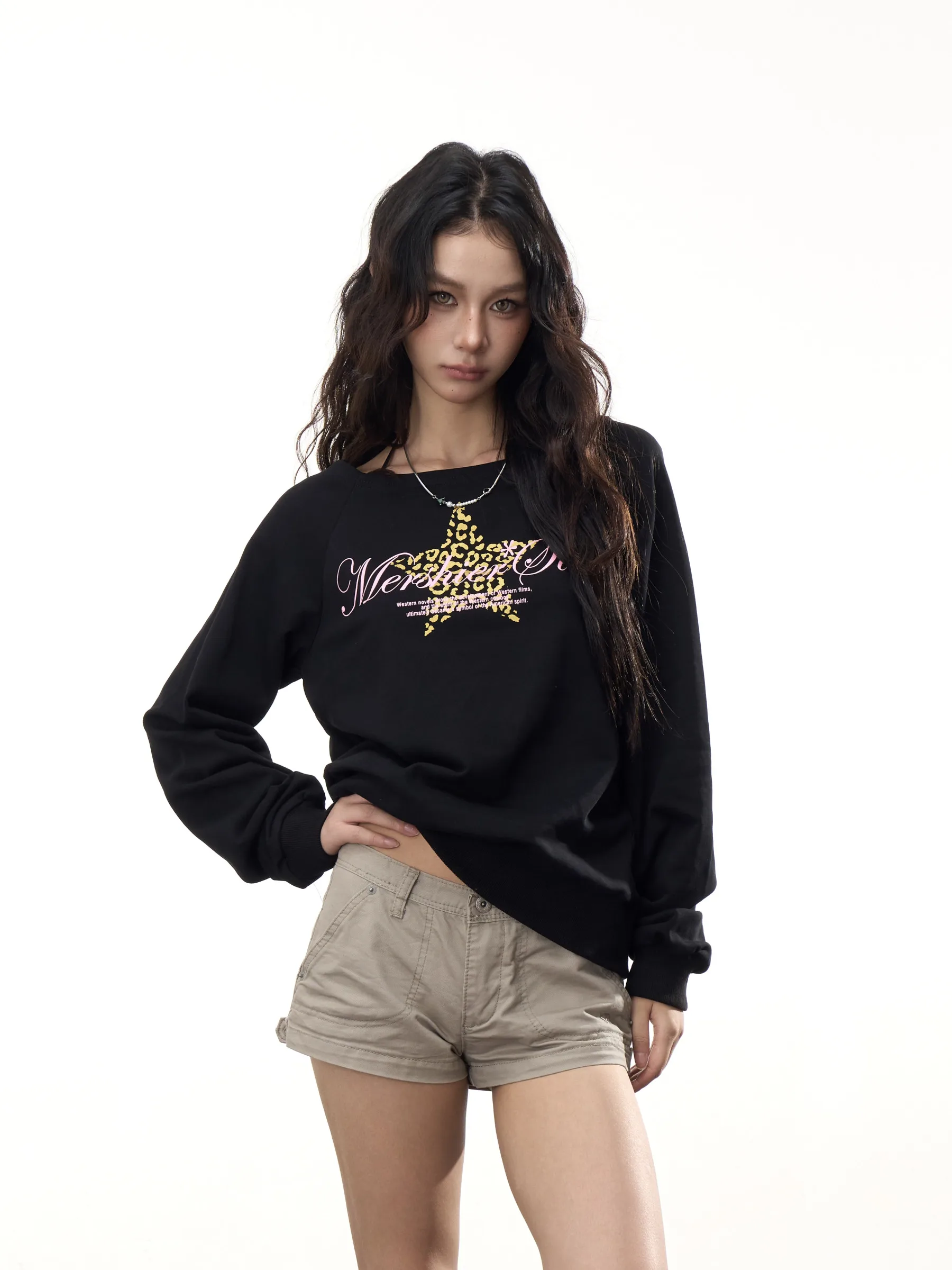 Retro American Hot Girl Leopard Print Star Print Shoulder Bared Long Sleeve Sweatshirt Women Autumn Sweet Cool Back  Top