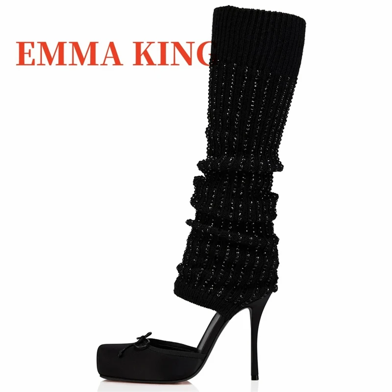 Botas de Tacón de Aguja con Pedrería y Tejido para Mujer, Botas Altas de Satén y Tejido con Punta Cuadrada, Calentadores de Piernas
