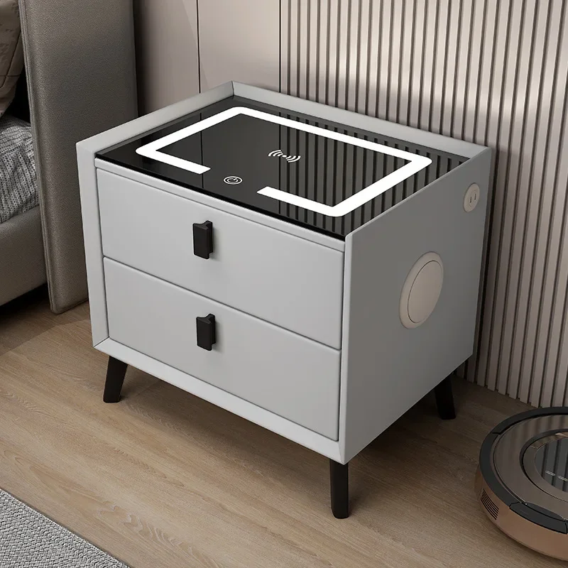 

Modern Style Intelligent Bedside Table 2 Drawers Faux Leather Nightstands with Wireless Charging Bluetooth Speaker Side Cabinet