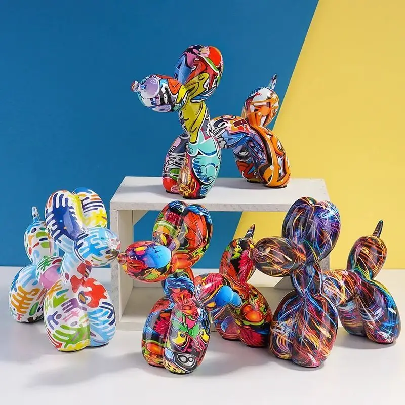 Funky Painted Graffiti Balloon Dog Figurine Whimsical Water Transfer Craft Home Decor for Living Room Desktop Bookshelf