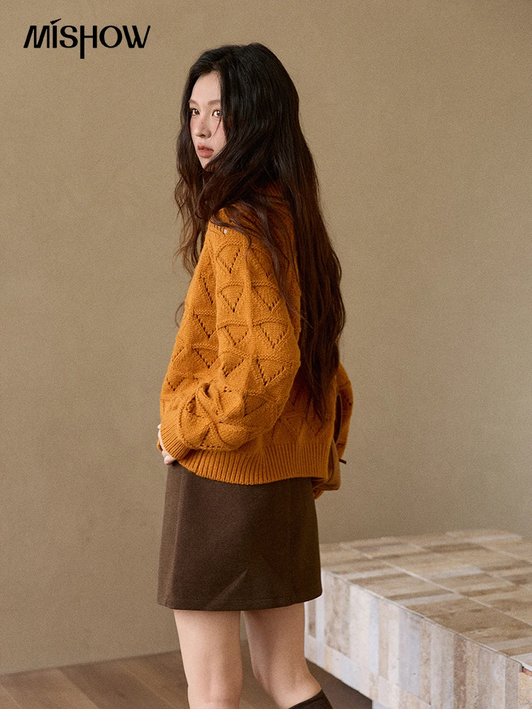 MISHOW سترة نسائية بأكمام طويلة 2025 ريترو برتقالي الماس شكل الجوف خارج سترة فضفاضة ملابس الشتاء النسائية MXE86Z2732 #5