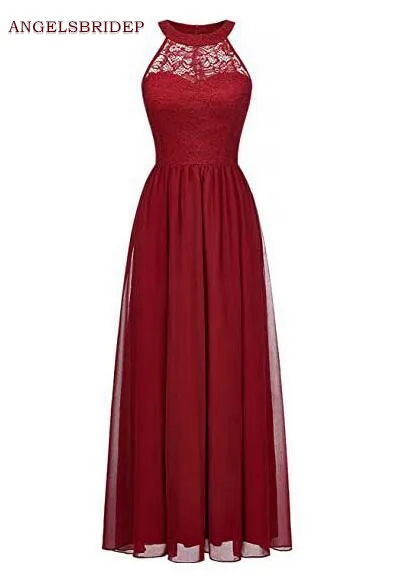 

ANGELSBRIDEP High-Neck A-Line Evening Party Gowns Vestidos De Festa Fashion Lace Bodice Chiffon Formal Long Bridesmaid Dresses