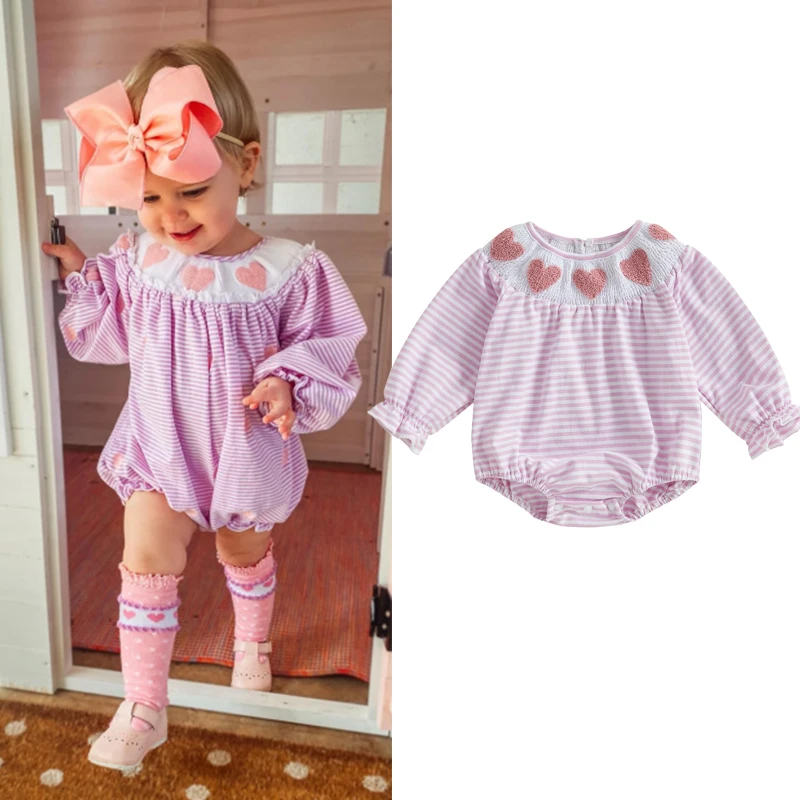 FOCUSNORM 0-18M Lovely Baby Girls Valentine's Day Romper Long Sleeve Heart Embroidery O Neck Striped Print Jumpsuits