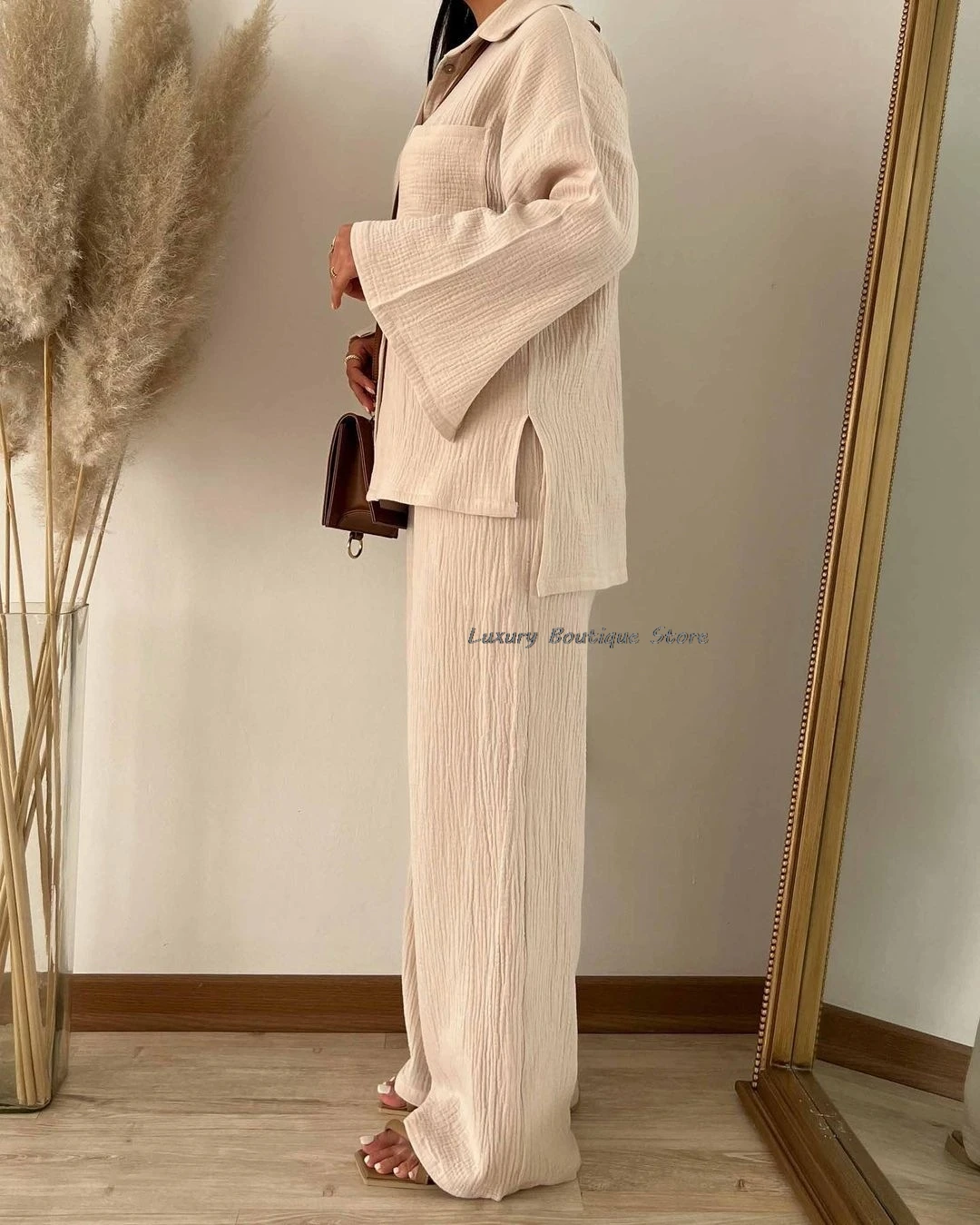 Loose Slit Flare Sleeve Women Blouse And Elastic Waist Wide Leg Pant Two Piece Set 2024 New Shirts Trouser Fashion Summer Outfit