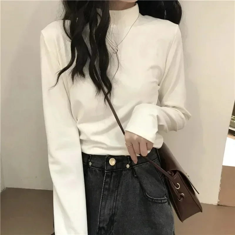 

2024 Brand Simple Solid Color Tops New Women's White Long-Sleeved T-Shirt Autumn Winter Slimming Half Turtleneck Bottoming Shirt
