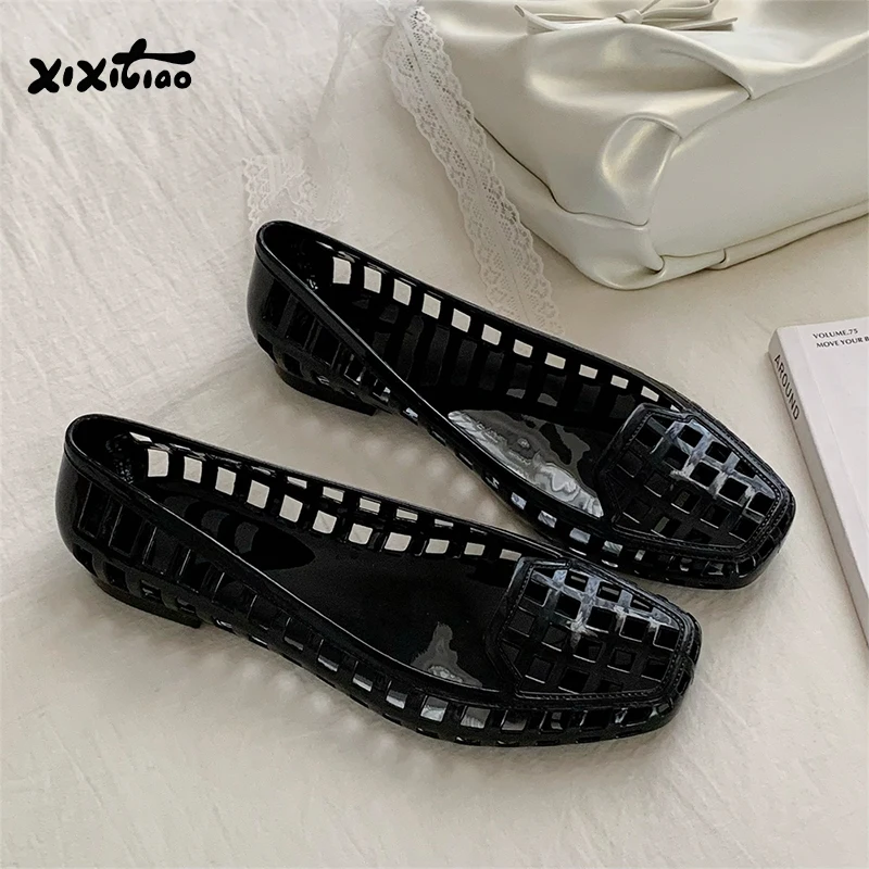 XIXITIAO Summer Women's Sandals French Crystal Casual Fashion 2026 Elegance Flat Transparent Silver Hollow Jelly Shoes Ladies image 5