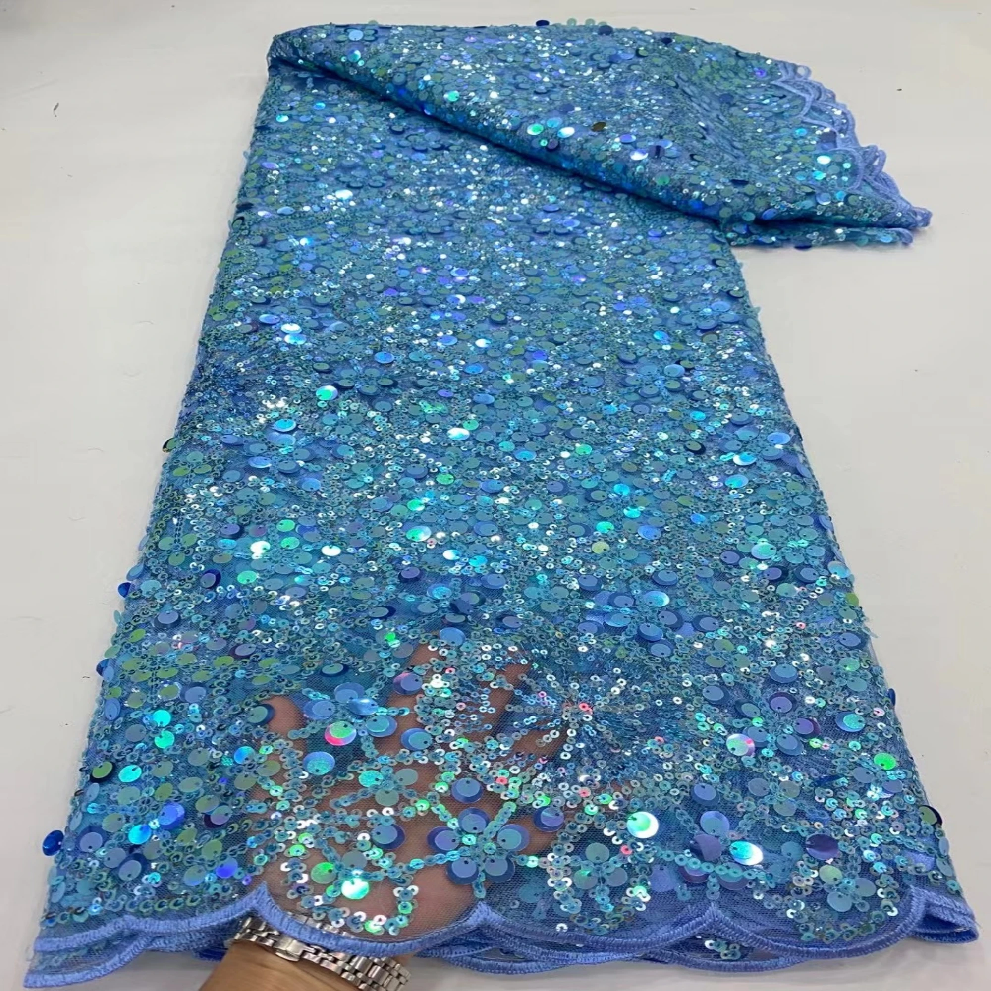 Azul tule malha grandes lantejoulas tecido de renda vestido de festa acessório de costura renda francesa material de vestido de casamento