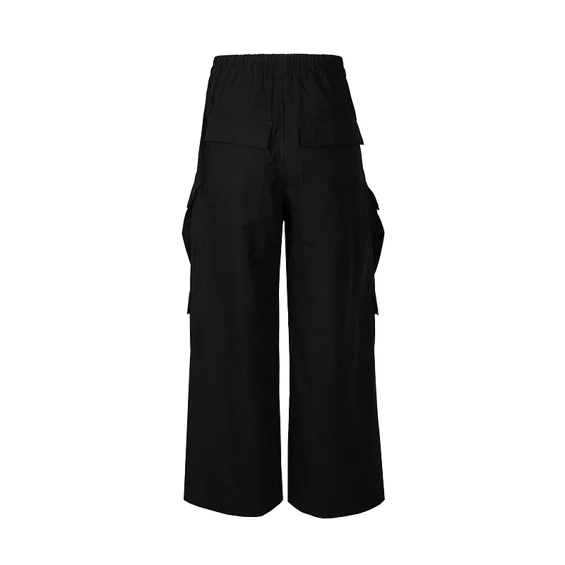 Rick trendy RO style multi-pocket dark wide-leg workwear floor-length casual drawstring flared pants, high street casual pants