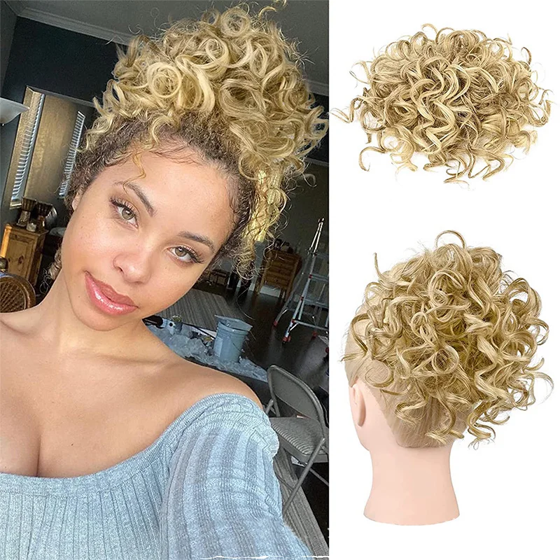 Brown Curly Hair Bun Curly Wave Drawstring Ponytail Buns Extensions for Women Heat Resistant Synthetic Updo Chignon False Hair