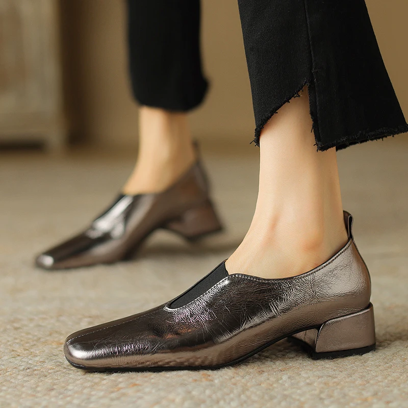 

New Soft Sheep Leather Square Toe Slip-on Concise Mature Med Heels Spring Autumn Shoes Working Party Comfortable Women Pumps