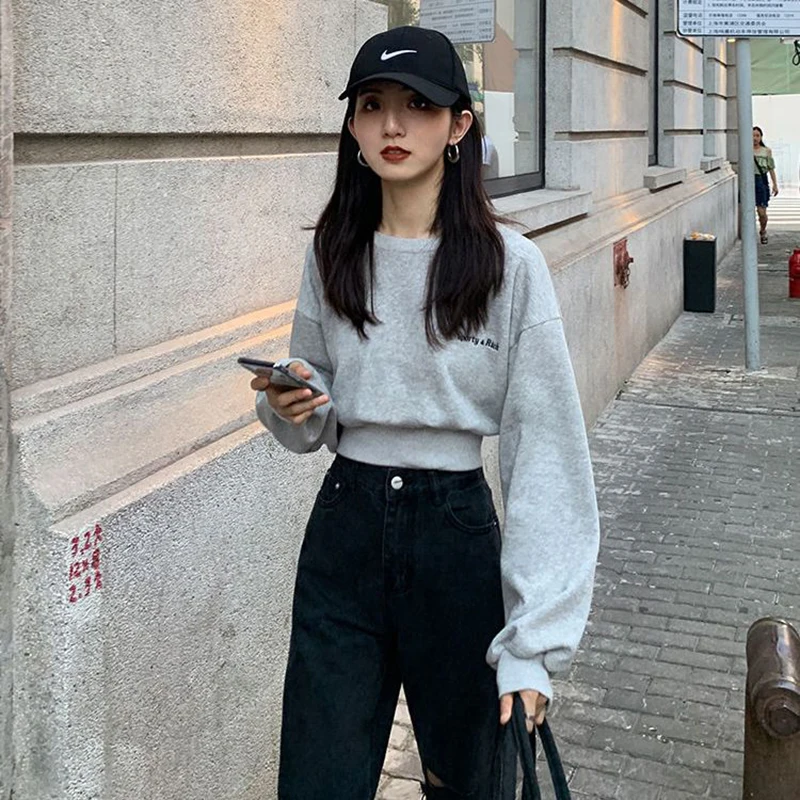 

Korean Solid Color Long Sleeve Women T Shirts Fashion All-match Casual Harajuku Tunic Crop Top Oversized Sweatshirt Black Grey