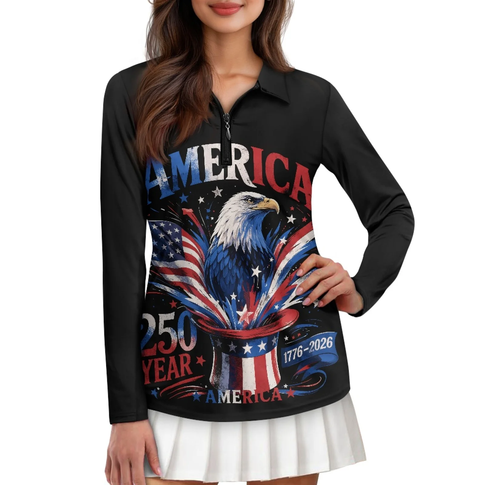 PENSTROLL US Flag Eagle Design Womens Comfortable Golf Shirts Long Sleeve Golf Polos Shirts for Golf Course