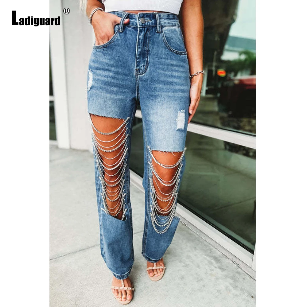 

Women Pearl Beading Demin Pants Girls Streetwear Sexy Hole Ripped Jeans Trouser 2023 European Style Fashion Straignt Demin Pants