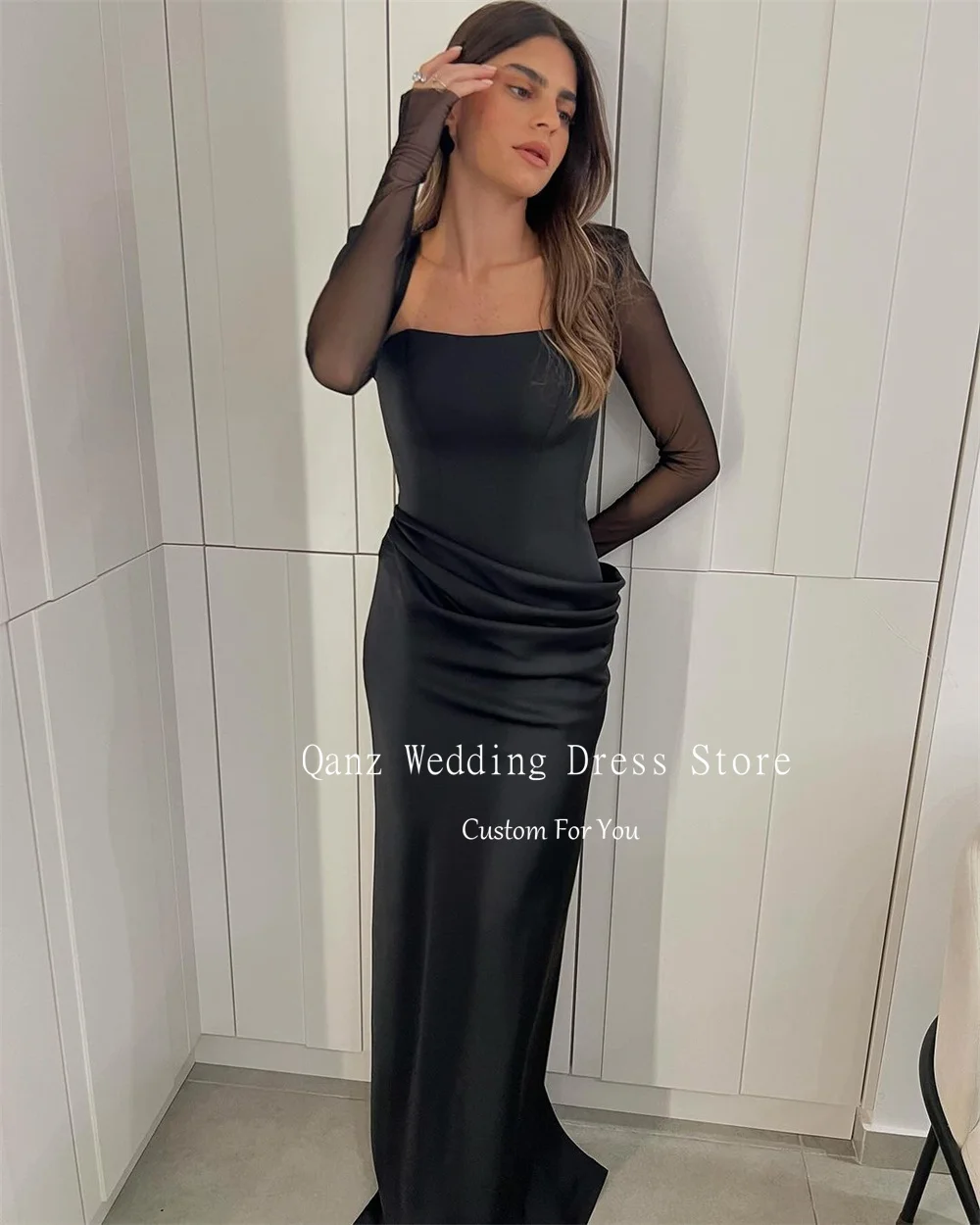 Qanz Black Simple Evening Dresses Long Sleeves Mermaid Satin Vestidos De Fiesta Strapless Customized Dress for Special Occasions