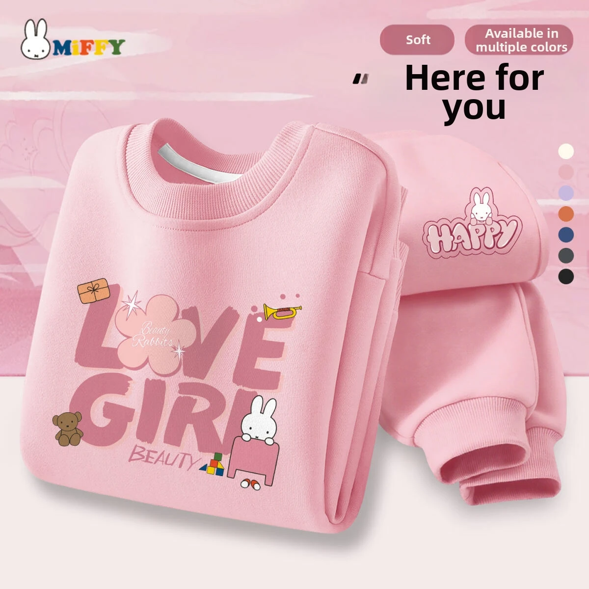 Miffy Set per ragazze stampato Kawaii Set per bambini con cappuccio e pantaloni caldi primaverili e autunnali Set da 2 pezzi Regalo carino per i bambini