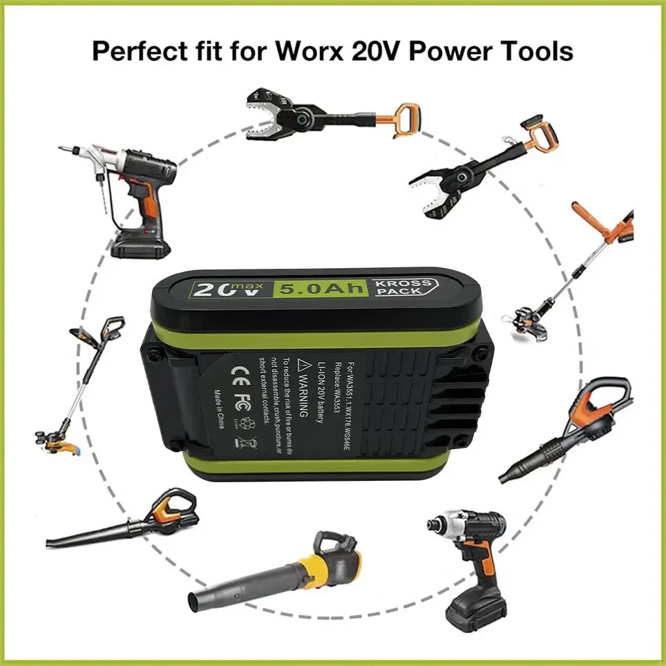 20V 5000 MAh แบตเตอรี่ลิเธียมเหมาะสําหรับ Worx WA3551 WA3553 WX390 WX176 WX178 WX386 WX678